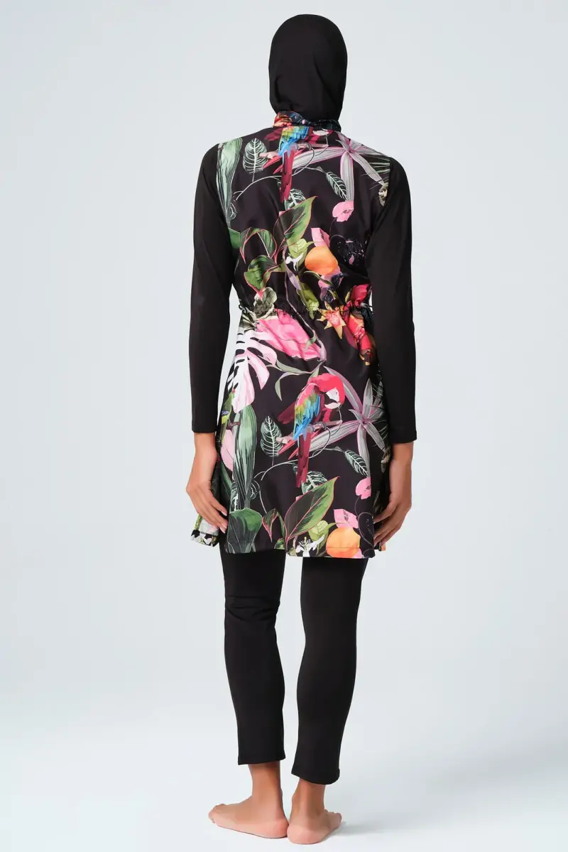Alfasa 23430 Black Pink Nature Patterned Fully Covered Hijab Swimsuit - 5