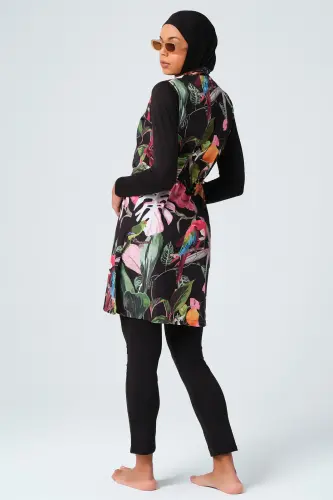 Alfasa 23430 Black Pink Nature Patterned Fully Covered Hijab Swimsuit - 7