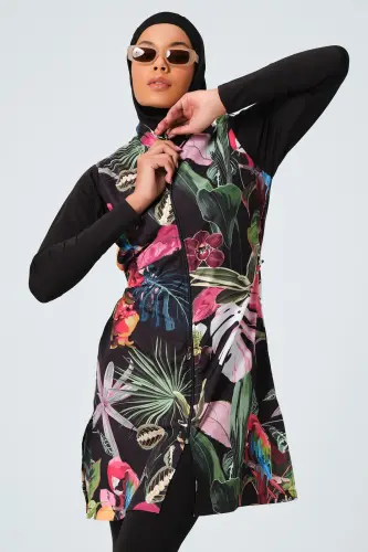 Alfasa 23430 Siyah Pembe Tabiat Desenli Tam Kapalı Tesettür Mayo - Alfasa (1)