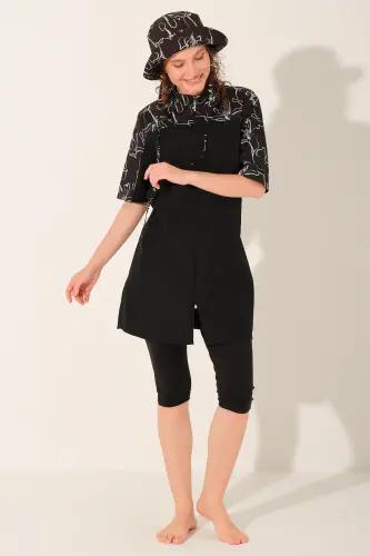 Alfasa Büyük Beden Şapkalı Önden Fermuarlı Yarım Kol Yarı Kapalı Tesettür Mayo 26714-26 Siyah - 3