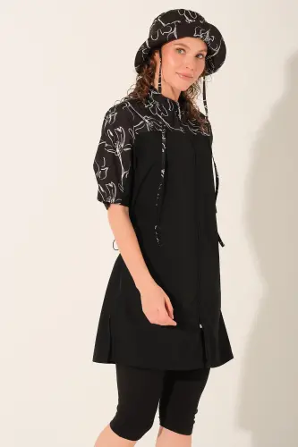 Alfasa Büyük Beden Şapkalı Önden Fermuarlı Yarım Kol Yarı Kapalı Tesettür Mayo 26714-26 Siyah - 4