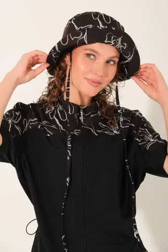 Alfasa Büyük Beden Şapkalı Önden Fermuarlı Yarım Kol Yarı Kapalı Tesettür Mayo 26714-26 Siyah - 5