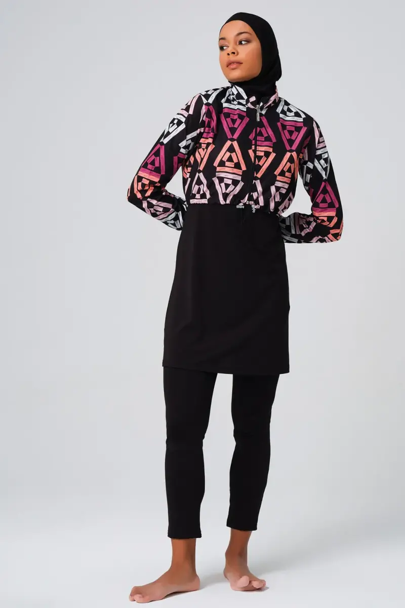 Alfasa Desenli Crop Tam Kapalı Tesettür Mayo 23260-23 Pembe - 1