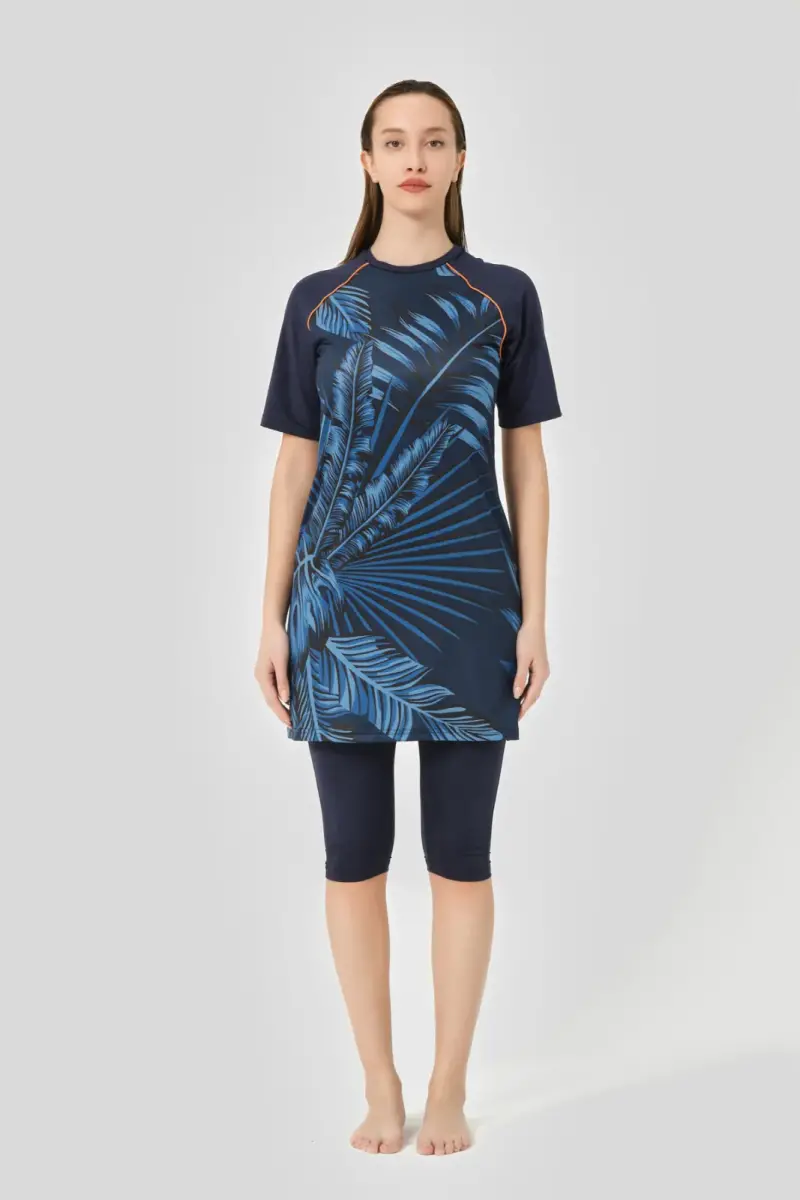 Alfasa Hızlı Kuruyan Desenli Reglan Battal Beden Yarım Kol Yarı Kapalı Tesettür Mayo Lacivert - 24708-B-25 - 2