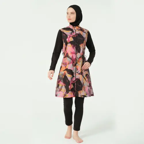 Alfasa Esinti Desenli Su İtici Tam Tesettür Mayo Siyah - 25421-25 - 1