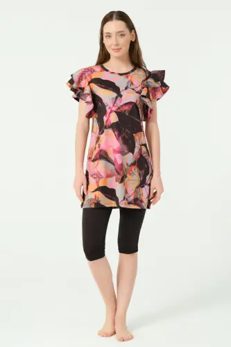 Alfasa Feyora Desenli Volan Detaylı Yarım Kol Yarı Kapalı Mayo Siyah - 25779-25 - 1