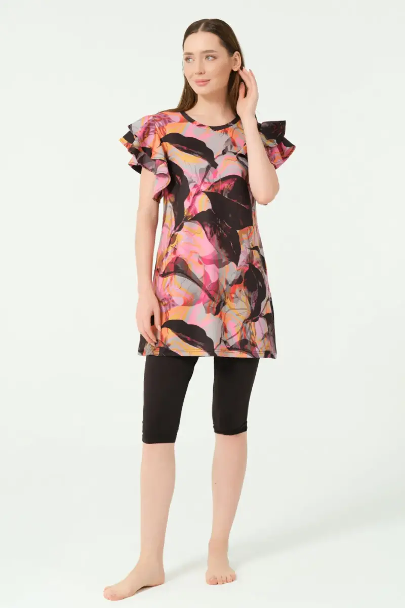 Alfasa Feyora Desenli Volan Detaylı Yarım Kol Yarı Kapalı Mayo Siyah - 25779-25 - 3