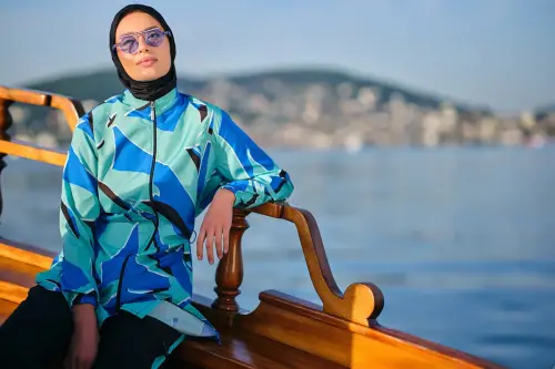Alfasa Fiji Desenli Fermuarlı Tam Kapalı Tesettür Mayo 24200-26 Mavi - 5