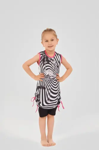 Alfasa Flamingo Desenli Yanları Büzgülü Sıfır Kol Şort Taytlı Çocuk Mayo 24103-25 Siyah - 1