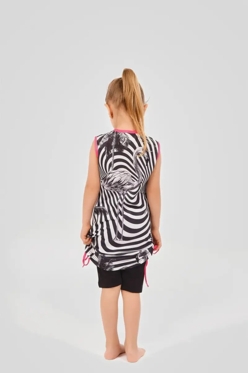 Alfasa Flamingo Desenli Yanları Büzgülü Sıfır Kol Şort Taytlı Çocuk Mayo 24103-25 Siyah - 4