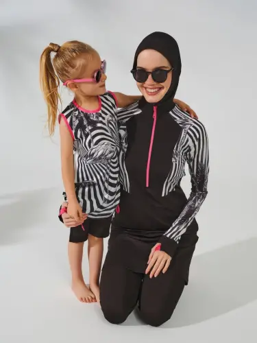 Alfasa Flamingo Desenli Yanları Büzgülü Sıfır Kol Şort Taytlı Çocuk Mayo 24103-25 Siyah - 6