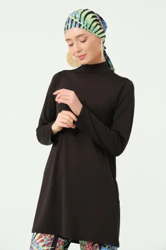 Alfasa Florin Desenli Bol Paça Pantolonlu Tam Tesettür Mayo Siyah - 25638-25 - 3