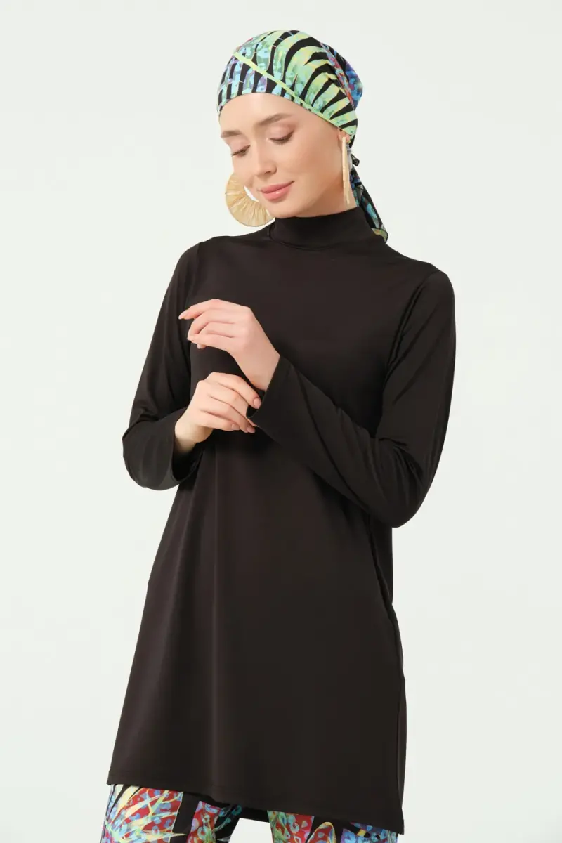 Alfasa Florin Desenli Bol Paça Pantolonlu Tam Tesettür Mayo Siyah - 25638-25 - 3