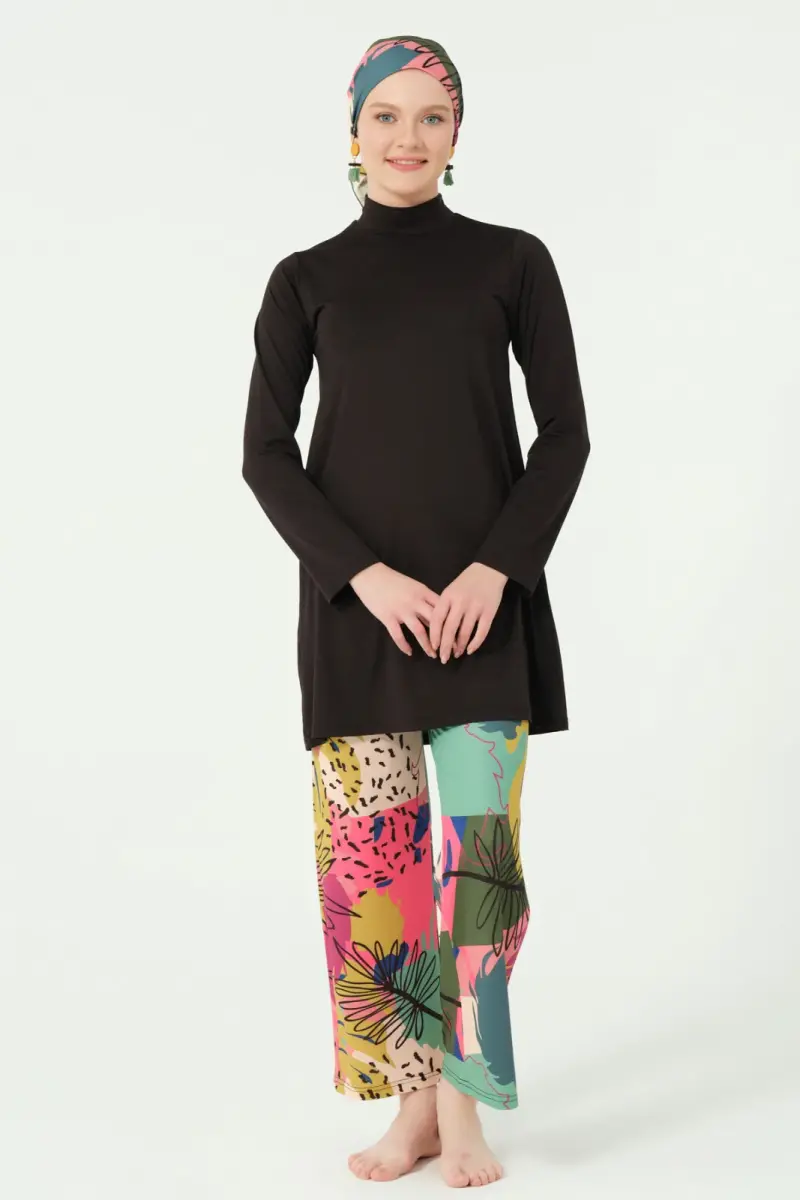 Alfasa Florin Desenli Bol Paça Pantolonlu Tam Tesettür Mayo Siyah - 25638-25 - 1