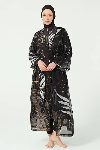 Alfasa Gold Desenli Uzun Kimono Detaylı Tesettür Mayo 25535-26 - Siyah - 1