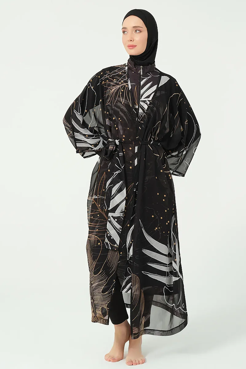 Alfasa Gold Desenli Uzun Kimono Detaylı Tesettür Mayo 25535-26 - Siyah - 2