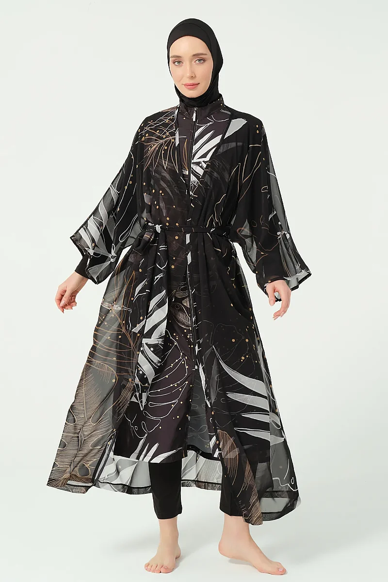Alfasa Gold Desenli Uzun Kimono Detaylı Tesettür Mayo 25535-26 - Siyah - 3