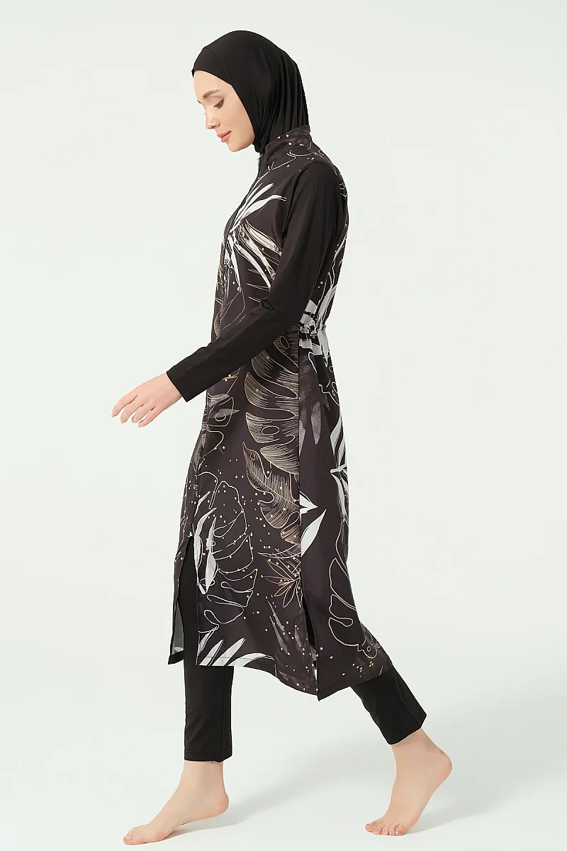 Alfasa Gold Desenli Uzun Kimono Detaylı Tesettür Mayo 25535-26 - Siyah - 4