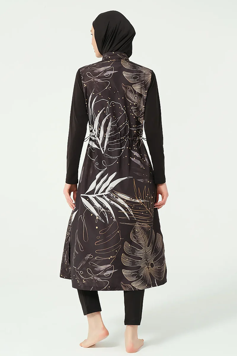Alfasa Gold Desenli Uzun Kimono Detaylı Tesettür Mayo 25535-26 - Siyah - 5