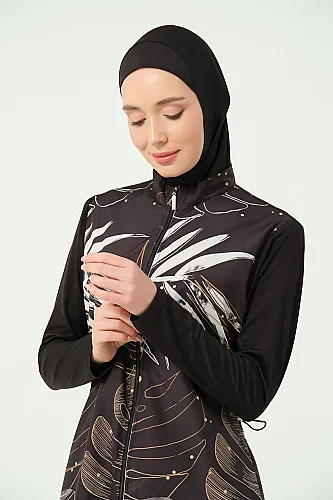 Alfasa Gold Desenli Uzun Kimono Detaylı Tesettür Mayo 25535-26 - Siyah - 7