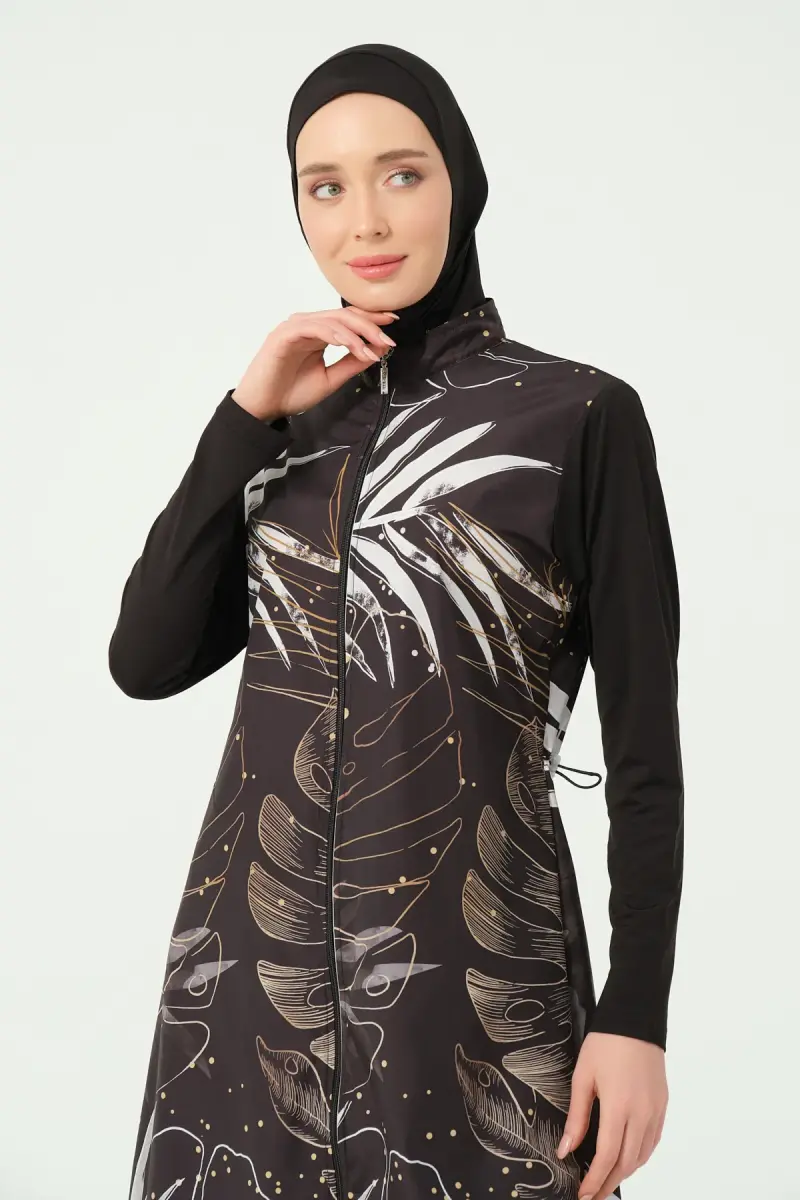 Alfasa Gold Desenli Uzun Kimono Detaylı Tesettür Mayo 25535-26 - Siyah - 6