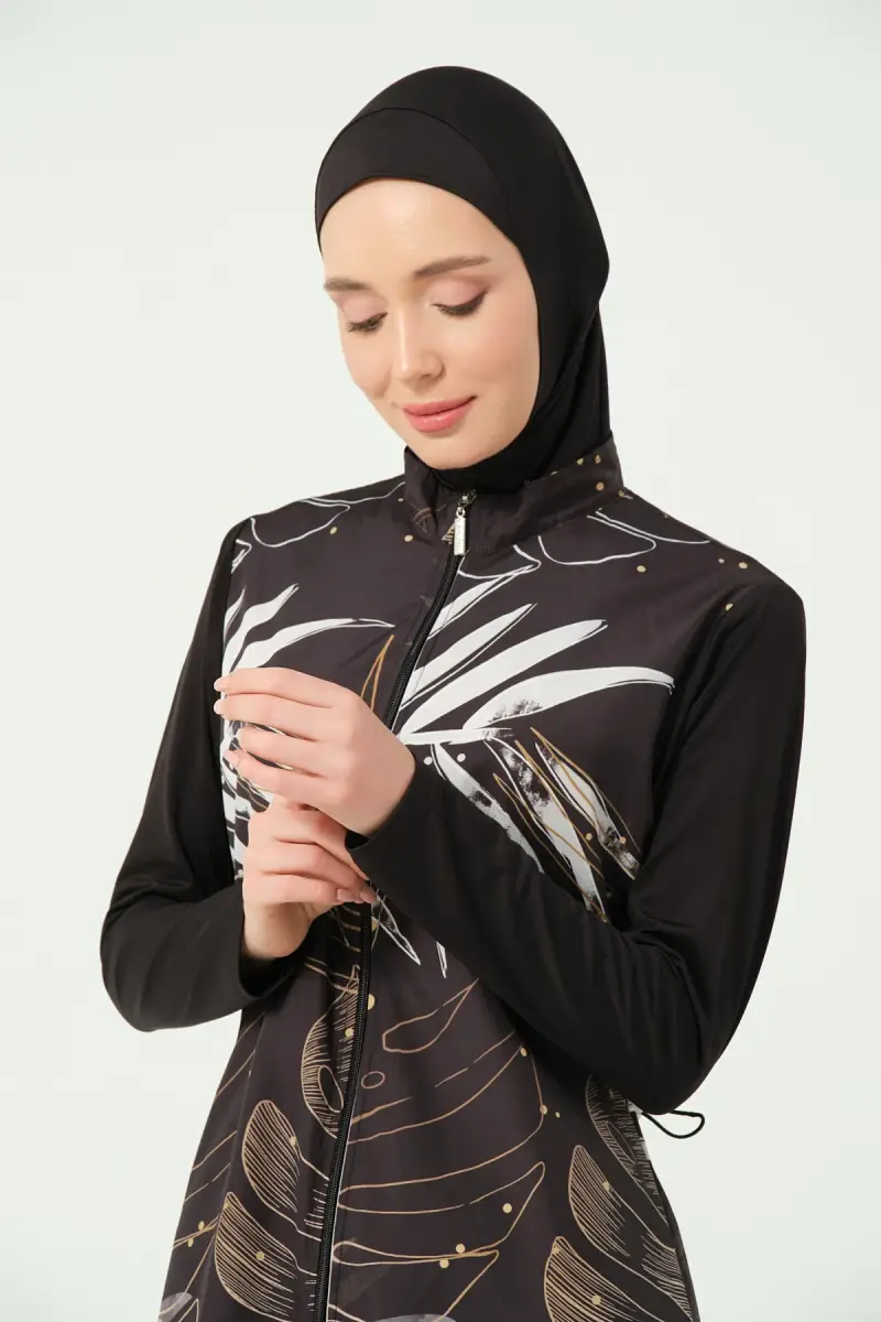 Alfasa Gold Desenli Uzun Kimono Detaylı Tesettür Mayo 25535-26 - Siyah - 7