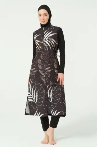 Alfasa Gold Yaprak Desenli Tam Kapalı Tesettür Mayo 25535-25 - Siyah - 1