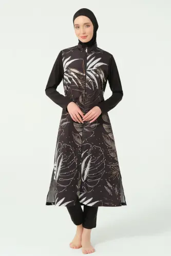 Alfasa Gold Yaprak Desenli Tam Kapalı Tesettür Mayo 25535-25 - Siyah - 3