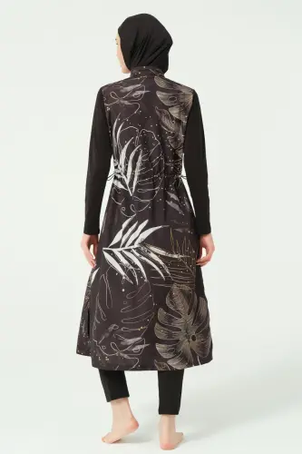 Alfasa Gold Yaprak Desenli Tam Kapalı Tesettür Mayo 25535-25 - Siyah - 6