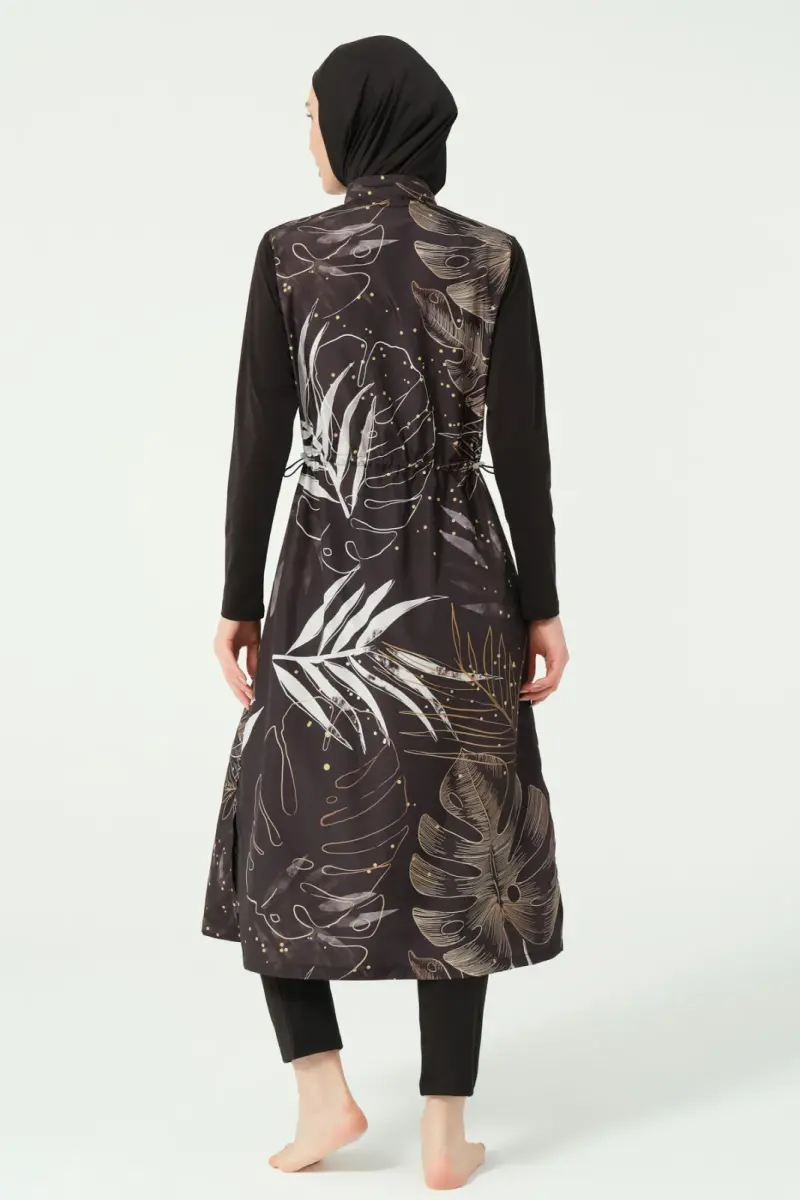 Alfasa Gold Yaprak Desenli Tam Kapalı Tesettür Mayo 25535-25 - Siyah - 6
