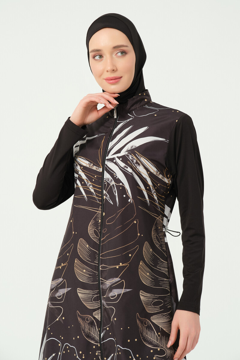Alfasa Gold Yaprak Desenli Tam Kapalı Tesettür Mayo 25535-25 - Siyah - 4