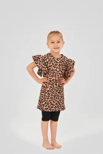 Alfasa Helin Leopar Desenli Tayt Şortlu Yarım Kol Çocuk Mayo 24100 Siyah - 1
