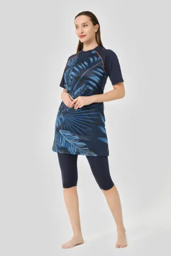 Alfasa Hızlı Kuruyan Desenli Reglan Yarım Kol Yarı Kapalı Tesettür Mayo 24708-25 Lacivert - 1