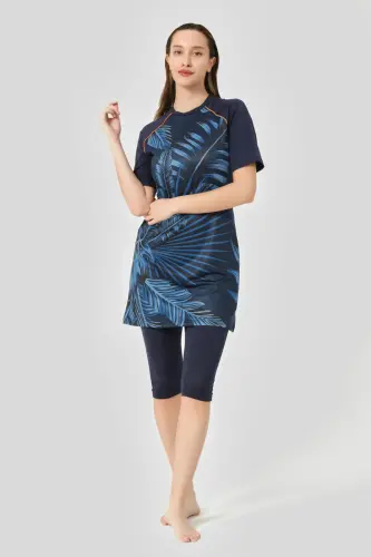 Alfasa Hızlı Kuruyan Desenli Reglan Yarım Kol Yarı Kapalı Tesettür Mayo 24708-25 Lacivert - Alfasa (1)