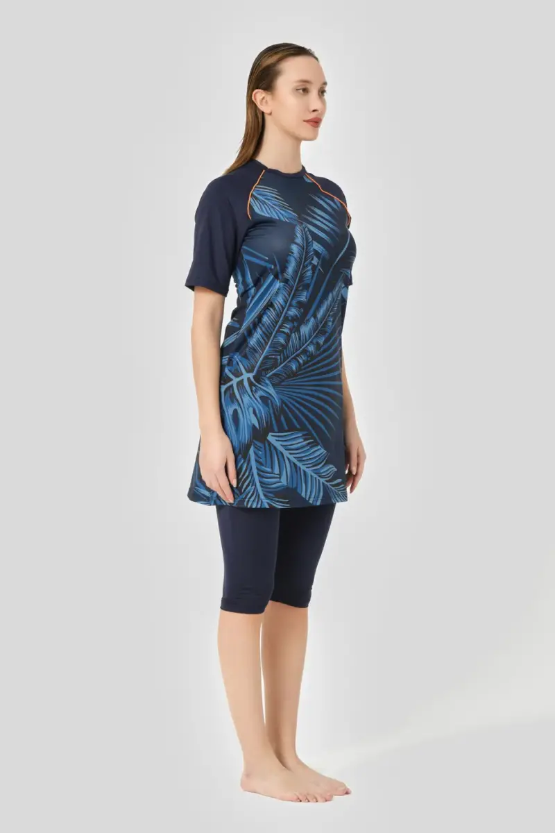 Alfasa Hızlı Kuruyan Desenli Reglan Yarım Kol Yarı Kapalı Tesettür Mayo 24708-25 Lacivert - 3