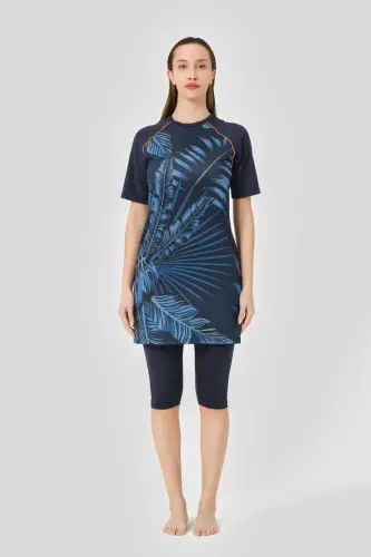 Alfasa Hızlı Kuruyan Desenli Reglan Yarım Kol Yarı Kapalı Tesettür Mayo 24708-25 Lacivert - 4