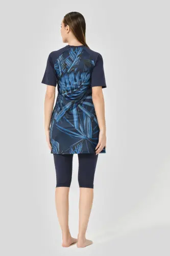 Alfasa Hızlı Kuruyan Desenli Reglan Yarım Kol Yarı Kapalı Tesettür Mayo 24708-25 Lacivert - 5