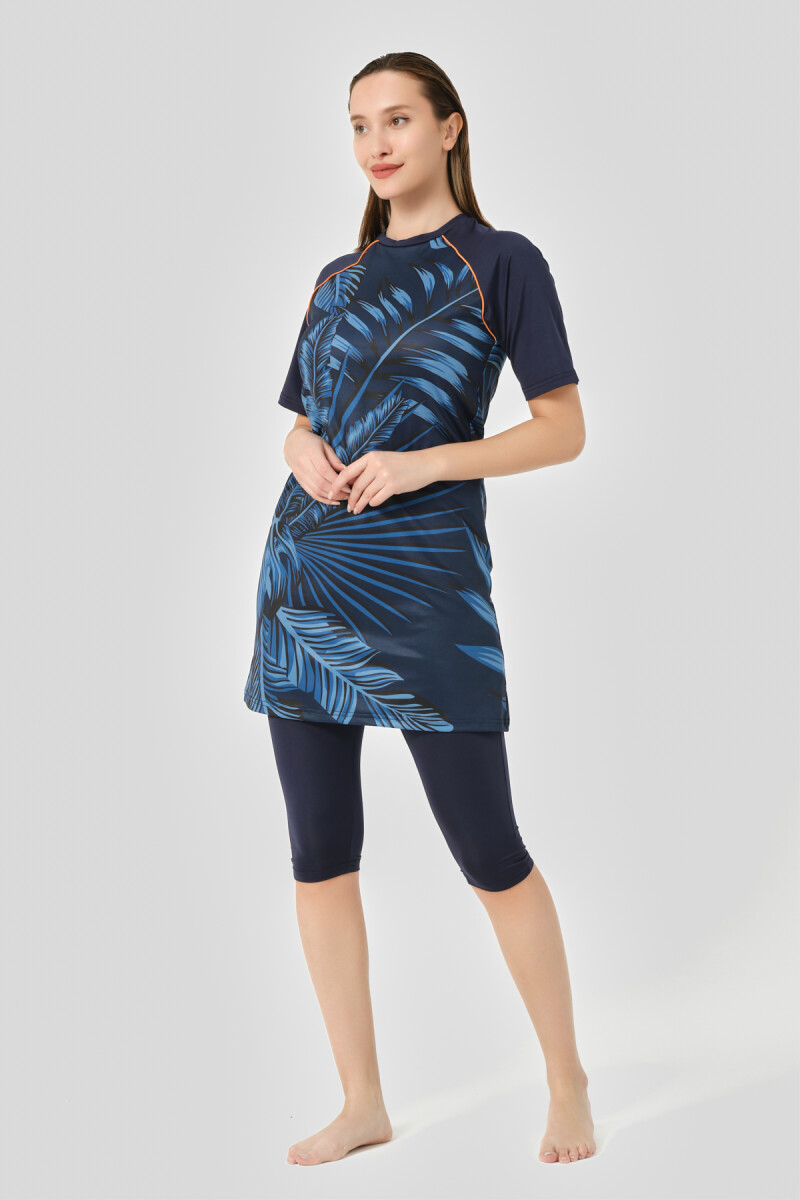Alfasa Hızlı Kuruyan Desenli Reglan Yarım Kol Yarı Kapalı Tesettür Mayo 24708-25 Lacivert - 1