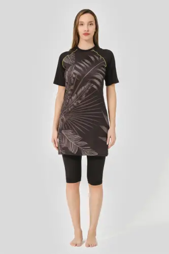 Alfasa Hızlı Kuruyan Desenli Reglan Yarım Kol Yarı Kapalı Tesettür Mayo 24708-25 Siyah - 1