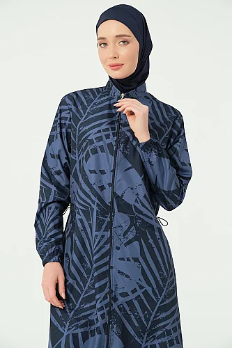 Alfasa İndigo Desenli Tam Kapalı Tesettür Mayo Uzun Kollu Fermuarlı 25636-26 Lacivert - 5
