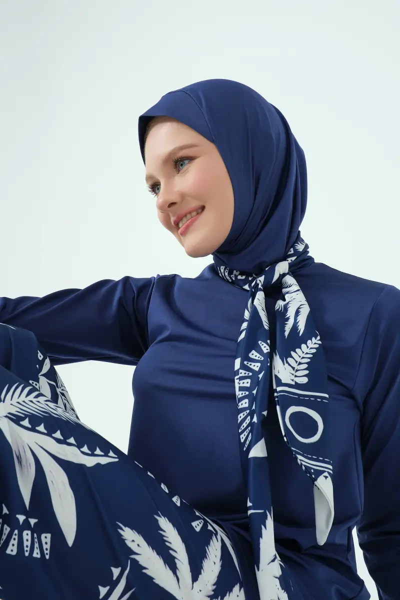 Alfasa İndigo Desenli Tam Kapalı Tesettür Mayo Uzun Kollu Fermuarlı 25636-26 Lacivert - 4