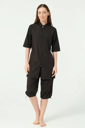 Alfasa Klasik Yarım Kol Dik Yaka Yarı Kapalı Mayo Siyah - 25740-25 - Alfasa (1)