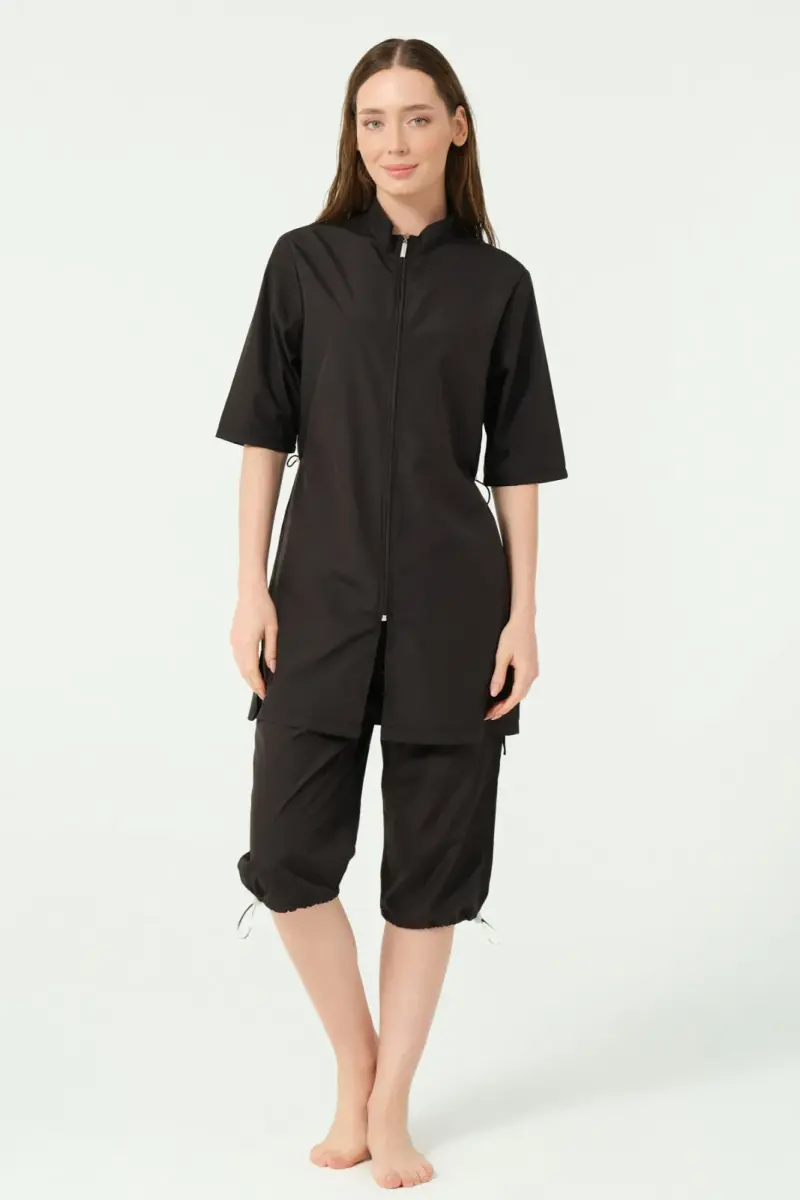 Alfasa Klasik Yarım Kol Dik Yaka Yarı Kapalı Mayo Siyah - 25740-25 - 2