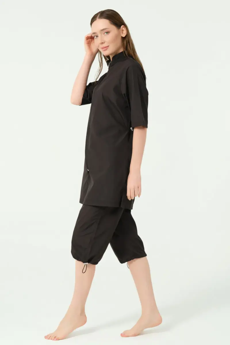 Alfasa Klasik Yarım Kol Dik Yaka Yarı Kapalı Mayo Siyah - 25740-25 - 3