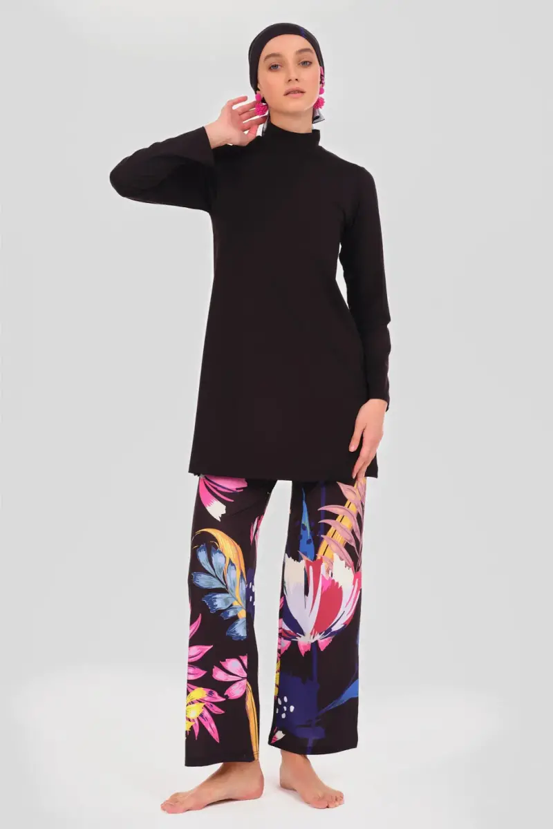 Alfasa Krizantem Desenli Battal Beden Tam Tesettür Mayo – Su İtici, Hızlı Kuruyan - 24613-B-25 - 2