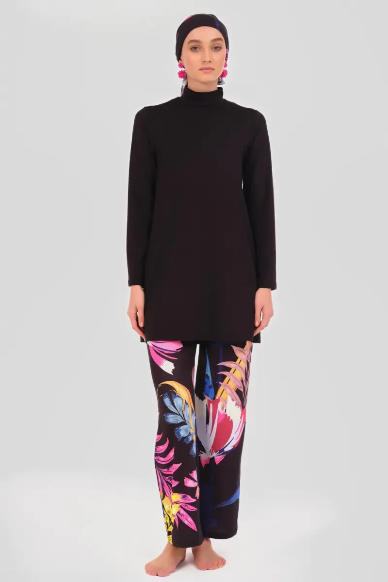 Alfasa Krizantem Desenli Battal Beden Tam Tesettür Mayo – Su İtici, Hızlı Kuruyan - 24613-B-25 - 4