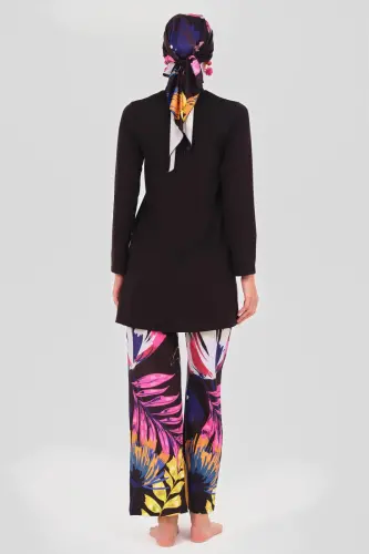 Alfasa Krizantem Desenli Battal Beden Tam Tesettür Mayo – Su İtici, Hızlı Kuruyan - 24613-B-25 - 5