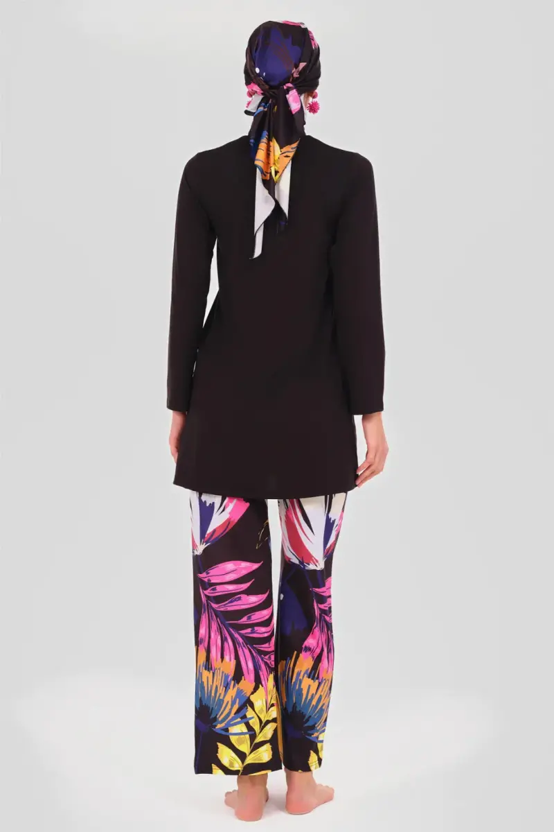 Alfasa Krizantem Desenli Battal Beden Tam Tesettür Mayo – Su İtici, Hızlı Kuruyan - 24613-B-25 - 5