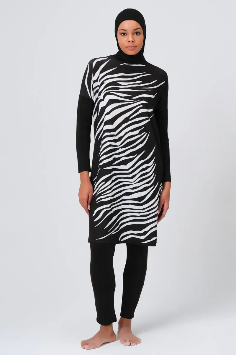 Alfasa Önü Zebra Desenli Kadın Tam Kapalı Tesettür Mayo 23691 Siyah - 1