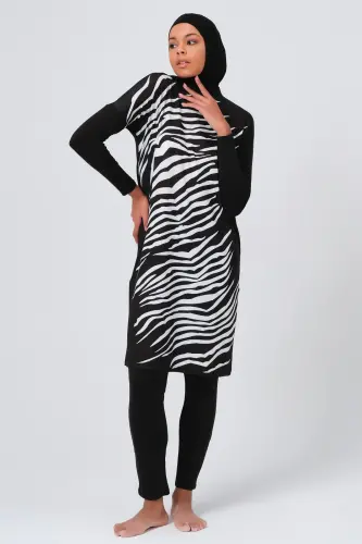 Alfasa Önü Zebra Desenli Kadın Tam Kapalı Tesettür Mayo 23691 Siyah - ihvanonline (1)